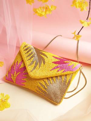 Beaded Botanica Sunshine Yellow, Fushcia and Gold Palm Leaf Embroidered Satin Sling Bag 1