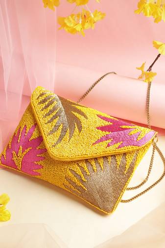 Anekaant Beaded Botanica Sunshine Yellow, Fushcia and Gold Palm Leaf Embroidered Satin Sling Bag