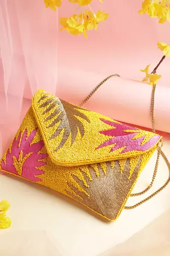 Beaded Botanica Sunshine Yellow, Fushcia and Gold Palm Leaf Embroidered Satin Sling Bag