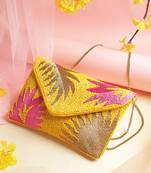 Beaded Botanica Sunshine Yellow, Fushcia and Gold Palm Leaf Embroidered Satin Sling Bag