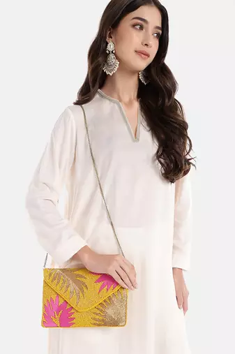 Beaded Botanica Sunshine Yellow, Fushcia and Gold Palm Leaf Embroidered Satin Sling Bag