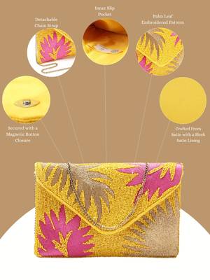 Beaded Botanica Sunshine Yellow, Fushcia and Gold Palm Leaf Embroidered Satin Sling Bag 3