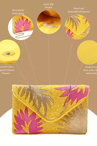Beaded Botanica Sunshine Yellow, Fushcia and Gold Palm Leaf Embroidered Satin Sling Bag