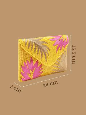 Beaded Botanica Sunshine Yellow, Fushcia and Gold Palm Leaf Embroidered Satin Sling Bag 4