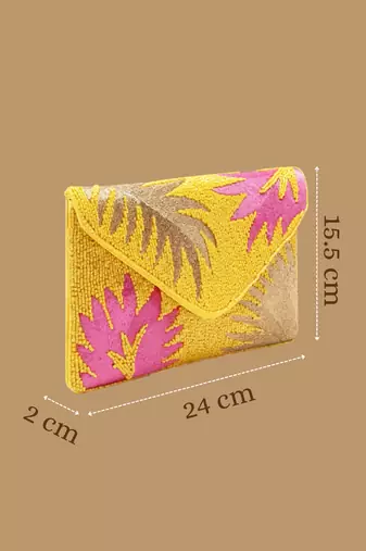 Beaded Botanica Sunshine Yellow, Fushcia and Gold Palm Leaf Embroidered Satin Sling Bag