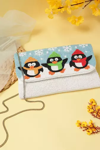 Beaded Muse Aqua Blue, White & Multi Quirky Beaded Canvas Sling Bag