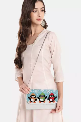 Beaded Muse Aqua Blue, White & Multi Quirky Beaded Canvas Sling Bag
