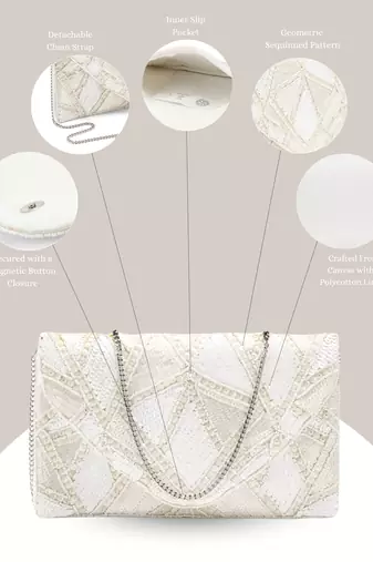 Mod Stitch Ivory & White Geometric Sequined Canvas Sling Bag