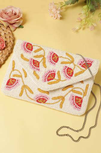 Anekaant Beaded Botanica Ivory & Multi Floral Vine Beaded Canvas Sling Bag
