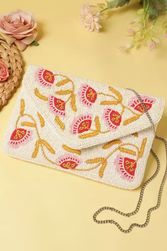 beaded botanica ivory & multi floral vine beaded canvas sling bag