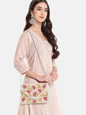 Beaded Botanica Ivory & Multi Floral Vine Beaded Canvas Sling Bag 2