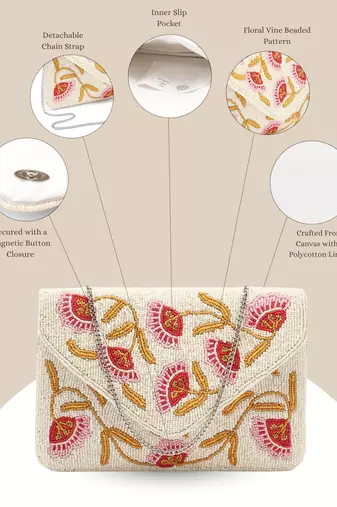 Beaded Botanica Ivory & Multi Floral Vine Beaded Canvas Sling Bag