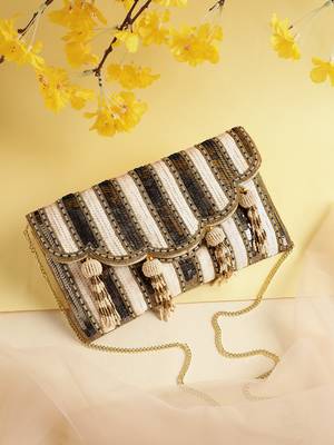  Tassel Tales Champagne & Antique Gold Sequined Faux Silk Sling Bag 1