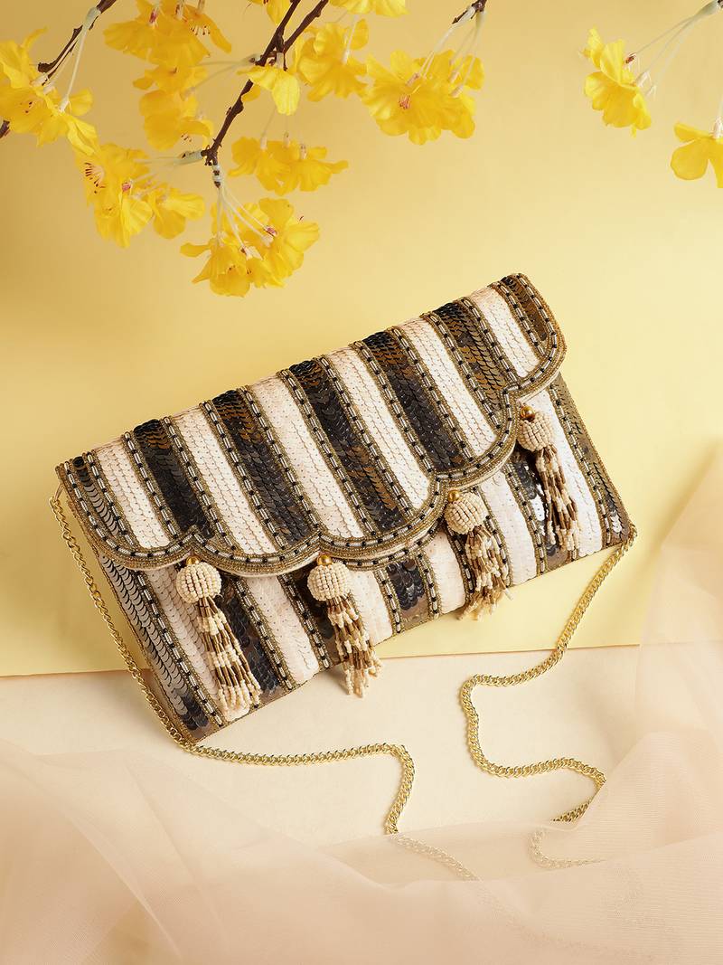 Anekaant Tassel Tales Champagne & Antique Gold Sequined Faux Silk Sling Bag