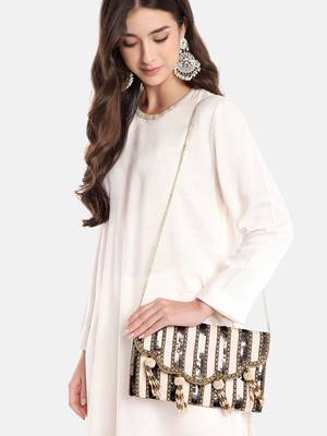  Tassel Tales Champagne & Antique Gold Sequined Faux Silk Sling Bag 2