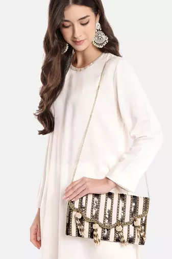Anekaant Tassel Tales Champagne & Antique Gold Sequined Faux Silk Sling Bag
