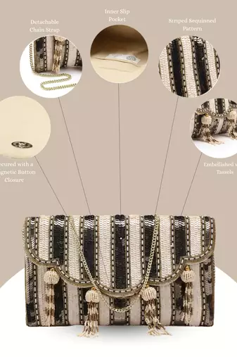Anekaant Tassel Tales Champagne & Antique Gold Sequined Faux Silk Sling Bag
