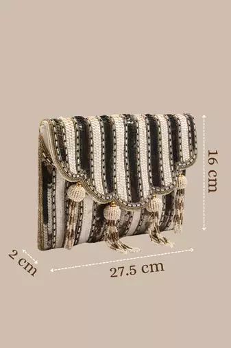 Anekaant Tassel Tales Champagne & Antique Gold Sequined Faux Silk Sling Bag