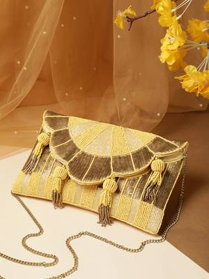 Tassel Tales Pastel Yellow & Antique Gold Sunbrust Beaded Satin Sling Bag 1