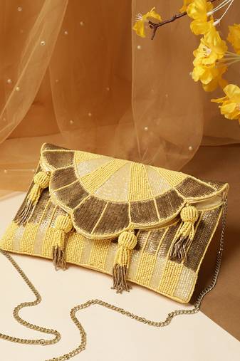 Tassel Tales Pastel Yellow & Antique Gold Sunbrust Beaded Satin Sling Bag