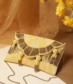 Tassel Tales Pastel Yellow & Antique Gold Sunbrust Beaded Satin Sling Bag