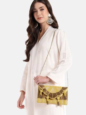 Tassel Tales Pastel Yellow & Antique Gold Sunbrust Beaded Satin Sling Bag 2