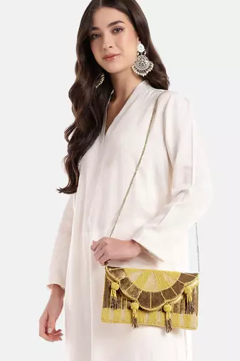 Tassel Tales Pastel Yellow & Antique Gold Sunbrust Beaded Satin Sling Bag