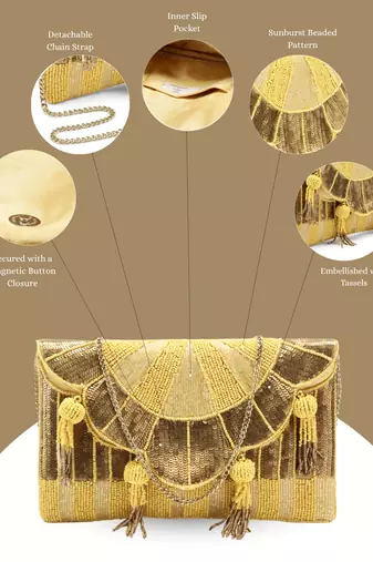 Tassel Tales Pastel Yellow & Antique Gold Sunbrust Beaded Satin Sling Bag