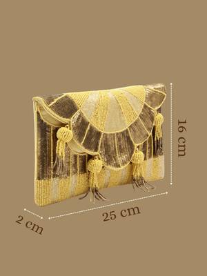 Tassel Tales Pastel Yellow & Antique Gold Sunbrust Beaded Satin Sling Bag 4