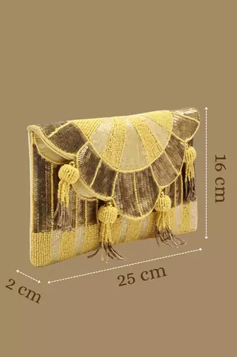 Tassel Tales Pastel Yellow & Antique Gold Sunbrust Beaded Satin Sling Bag