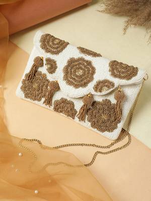 Tassel Tales Ivory & Metallic Gold Floral Beadwork Canvas Sling Bag 1