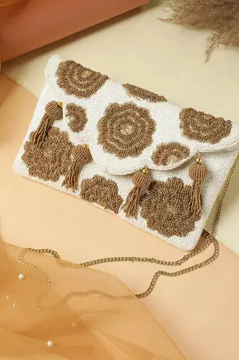 Anekaant Tassel Tales Ivory & Metallic Gold Floral Beadwork Canvas Sling Bag