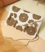 Tassel Tales Ivory & Metallic Gold Floral Beadwork Canvas Sling Bag