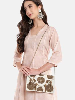 Tassel Tales Ivory & Metallic Gold Floral Beadwork Canvas Sling Bag 2