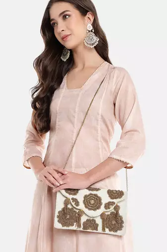 Tassel Tales Ivory & Metallic Gold Floral Beadwork Canvas Sling Bag
