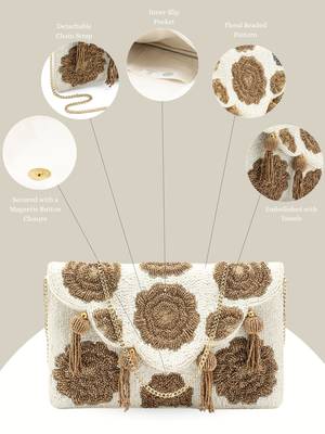 Tassel Tales Ivory & Metallic Gold Floral Beadwork Canvas Sling Bag 3