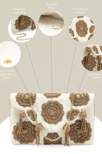 Tassel Tales Ivory & Metallic Gold Floral Beadwork Canvas Sling Bag