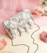 Tassel Tales Ivory & Antique Silver Ethnic Embellished Satin Sling Bag