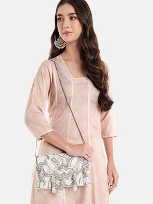 Tassel Tales Ivory & Antique Silver Ethnic Embellished Satin Sling Bag 2