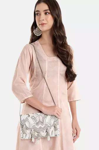 Tassel Tales Ivory & Antique Silver Ethnic Embellished Satin Sling Bag