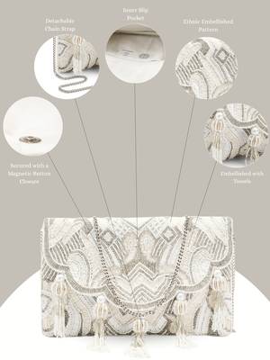 Tassel Tales Ivory & Antique Silver Ethnic Embellished Satin Sling Bag 3