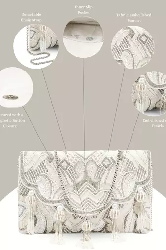 Tassel Tales Ivory & Antique Silver Ethnic Embellished Satin Sling Bag