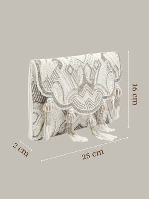 Tassel Tales Ivory & Antique Silver Ethnic Embellished Satin Sling Bag 4