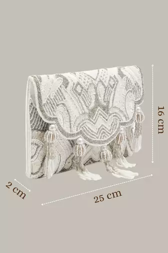 Tassel Tales Ivory & Antique Silver Ethnic Embellished Satin Sling Bag