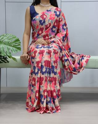 multicolor  all over printed silk blend crape saree with unstitched blouse 1