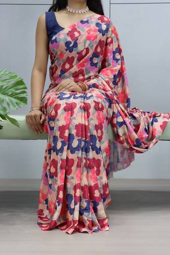 multicolor  all over printed silk blend crape saree with unstitched blouse