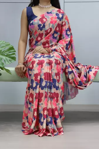 multicolor  all over printed silk blend crape saree with unstitched blouse