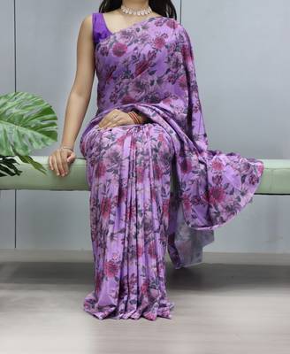 purple color  all over printed silk blend crape saree with unstitched blouse 1