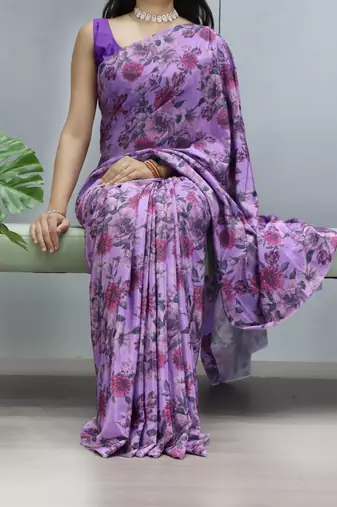 purple color  all over printed silk blend crape saree with unstitched blouse