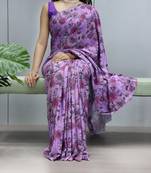 purple color  all over printed silk blend crape saree with unstitched blouse